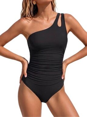 NWT Holipick One Shoulder Swimsuit Large Black Tummy Control Full Coverage One P